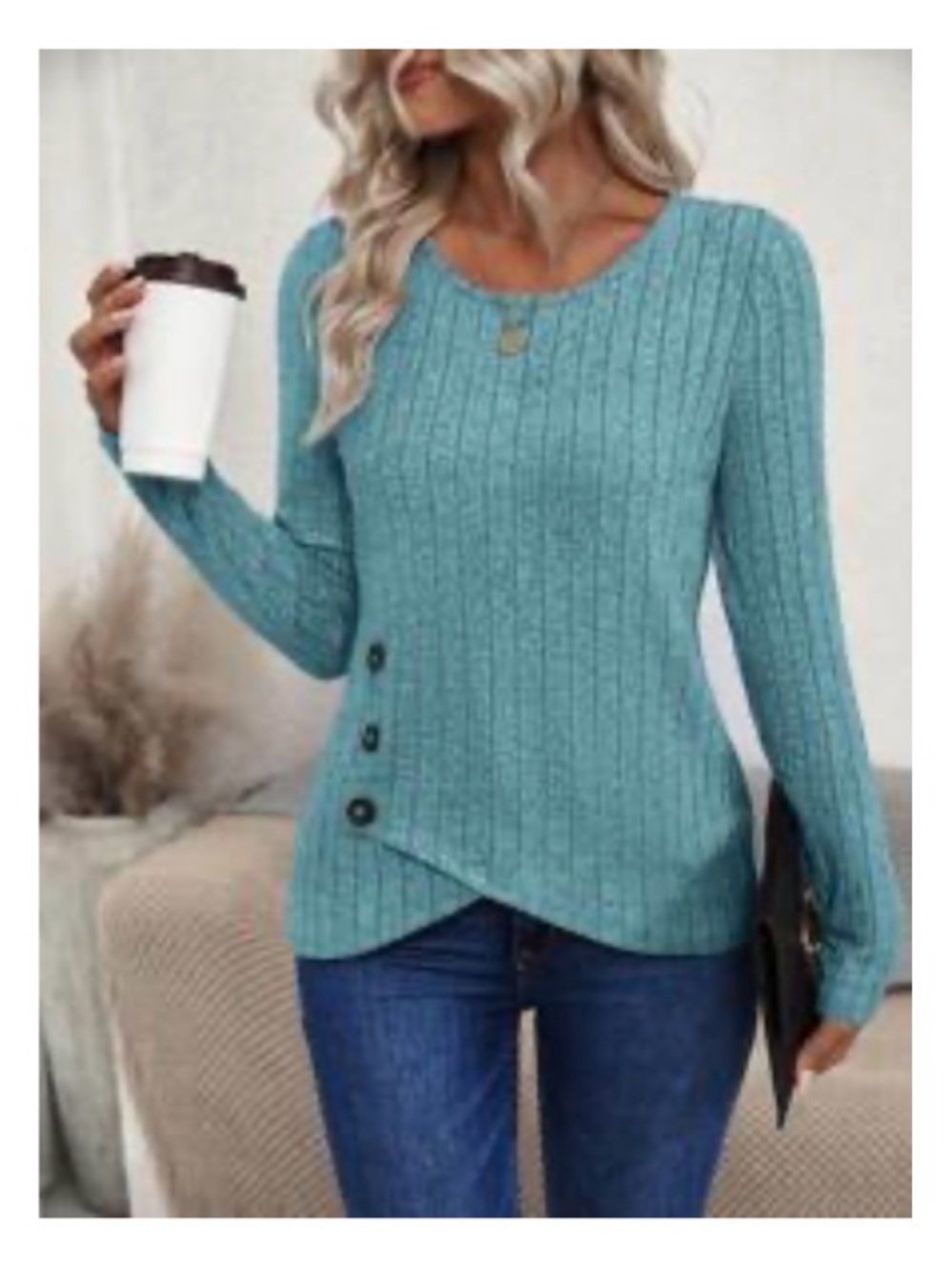 Women's Scoop Neck Button-Hem Pullover Sweater - Teal
